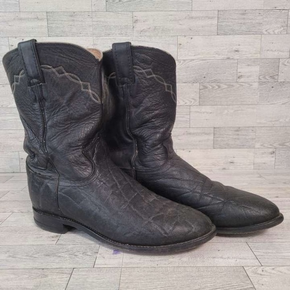 Men's Vintage Justin Western Black Exotic Leather Roper Cowboy Boots Size 9 D